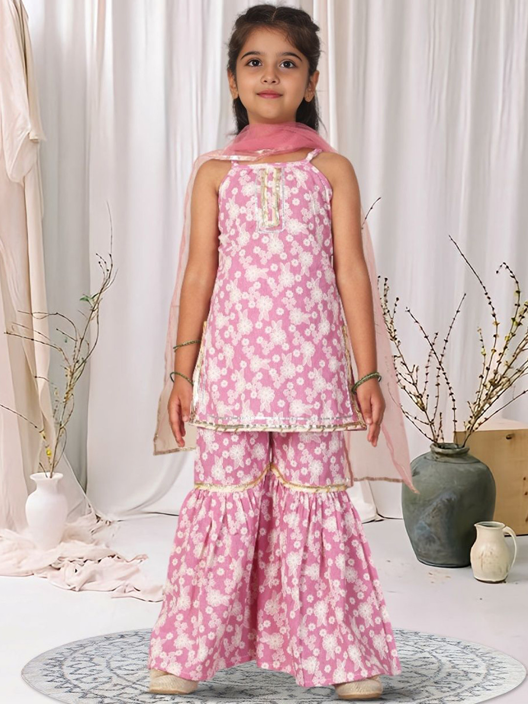 Cutiekins Girls Floral Printed Shoulder Strap Straight Kurta With Sharara & Dupatta