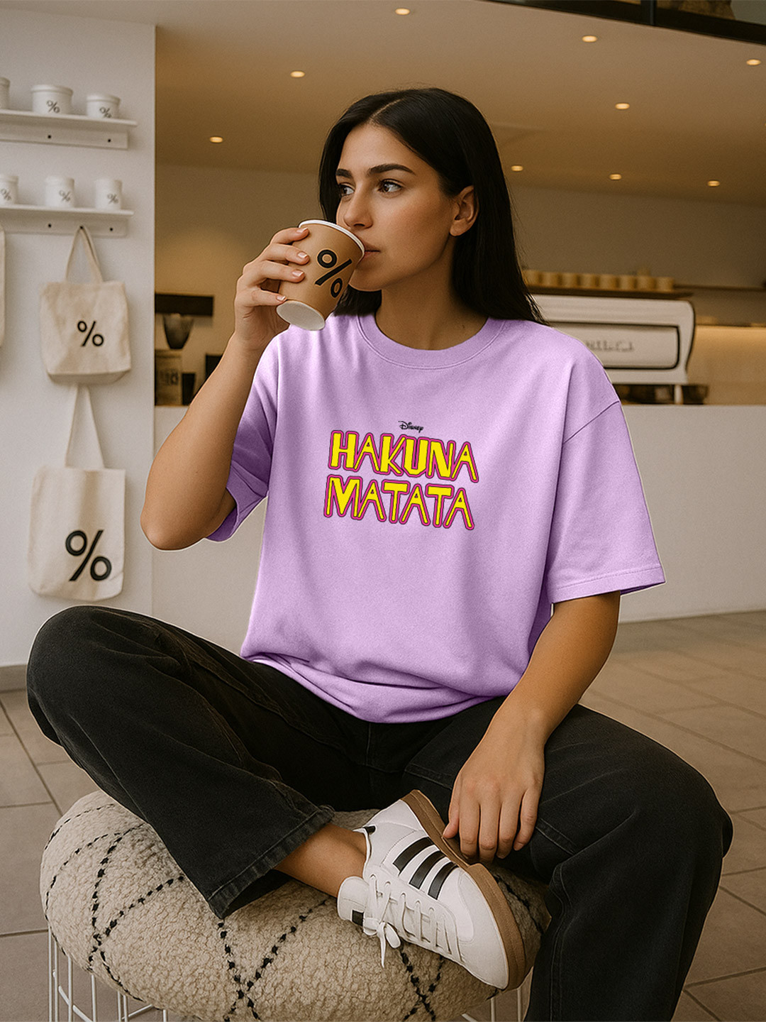 JUNEBERRY Women Disney Hakuna Matata Typography Printed Pure Cotton Oversized T-shirt