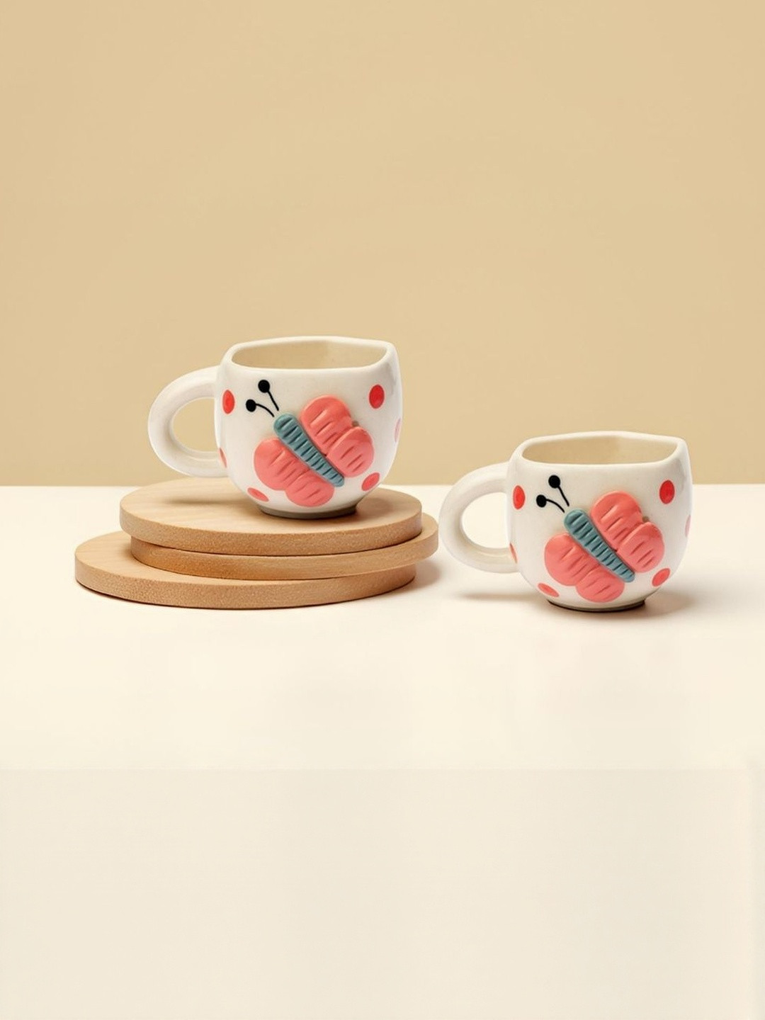 Kraftlik Handicraft Set of 2 Handmade Butterfly Painted Textured Ceramic Glossy Mugs