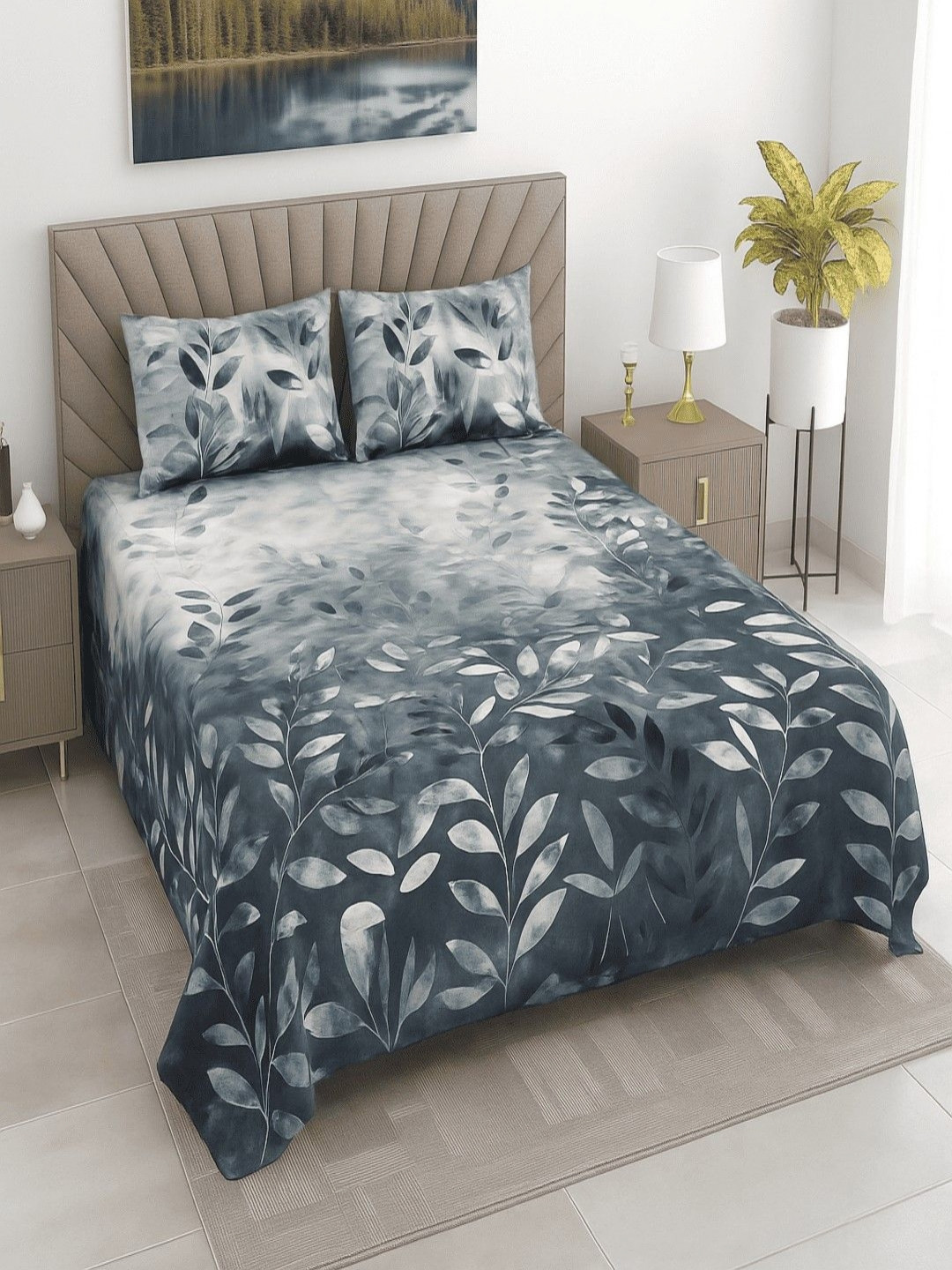 Threadwear Cotton Indulgence Green Floral Cotton 400 TC King Bedsheet Set-2.75mx2.75m