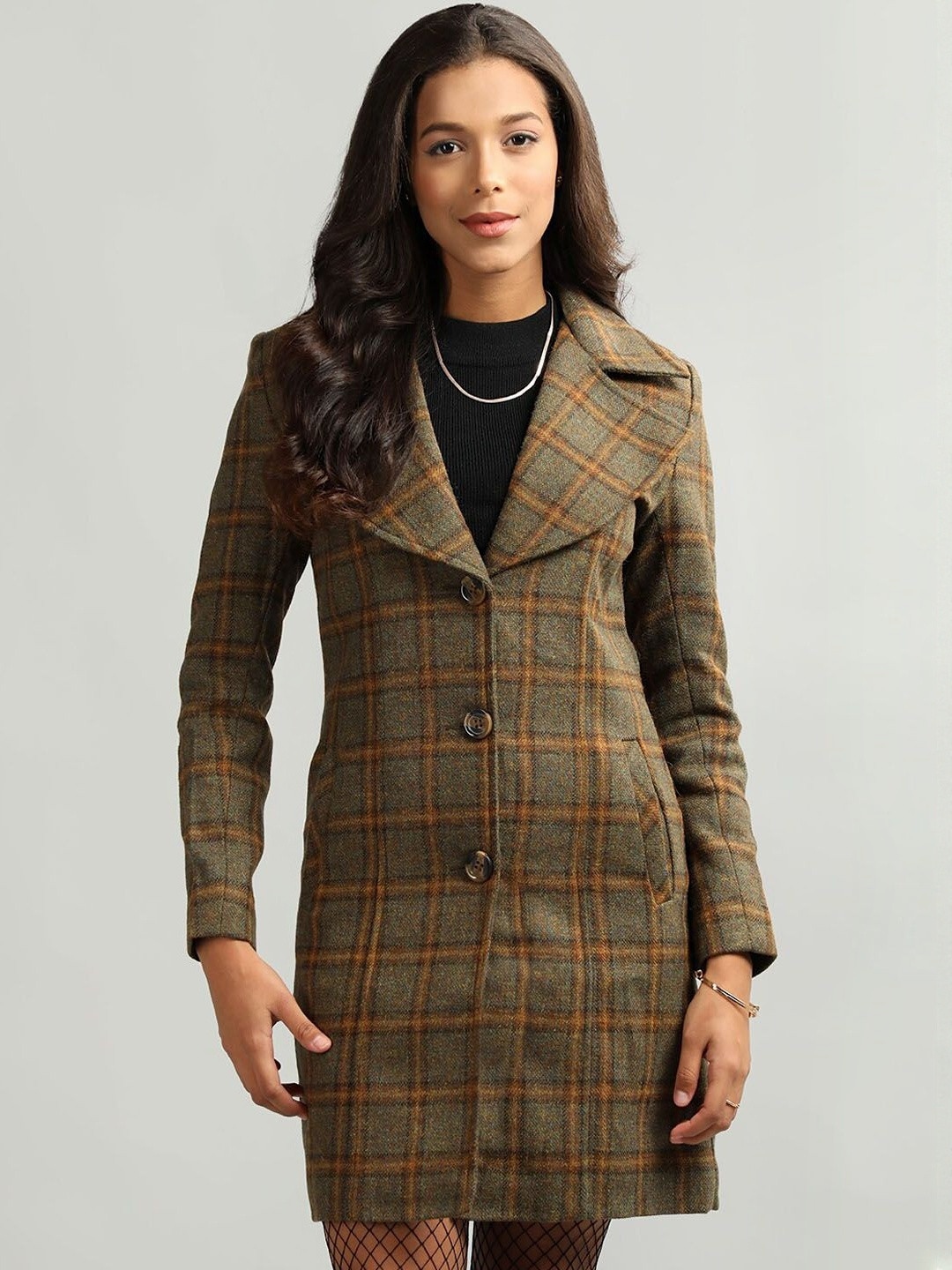 Roadster Green Checked Regular Fit Trench Coat