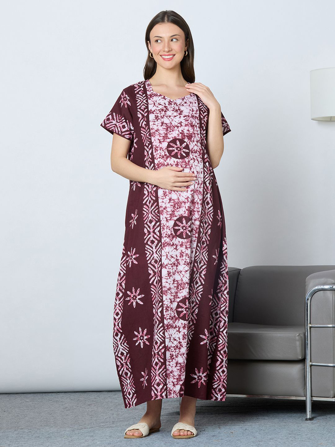 MomToBe Women's Cotton Claret Wine Feeding Nighty