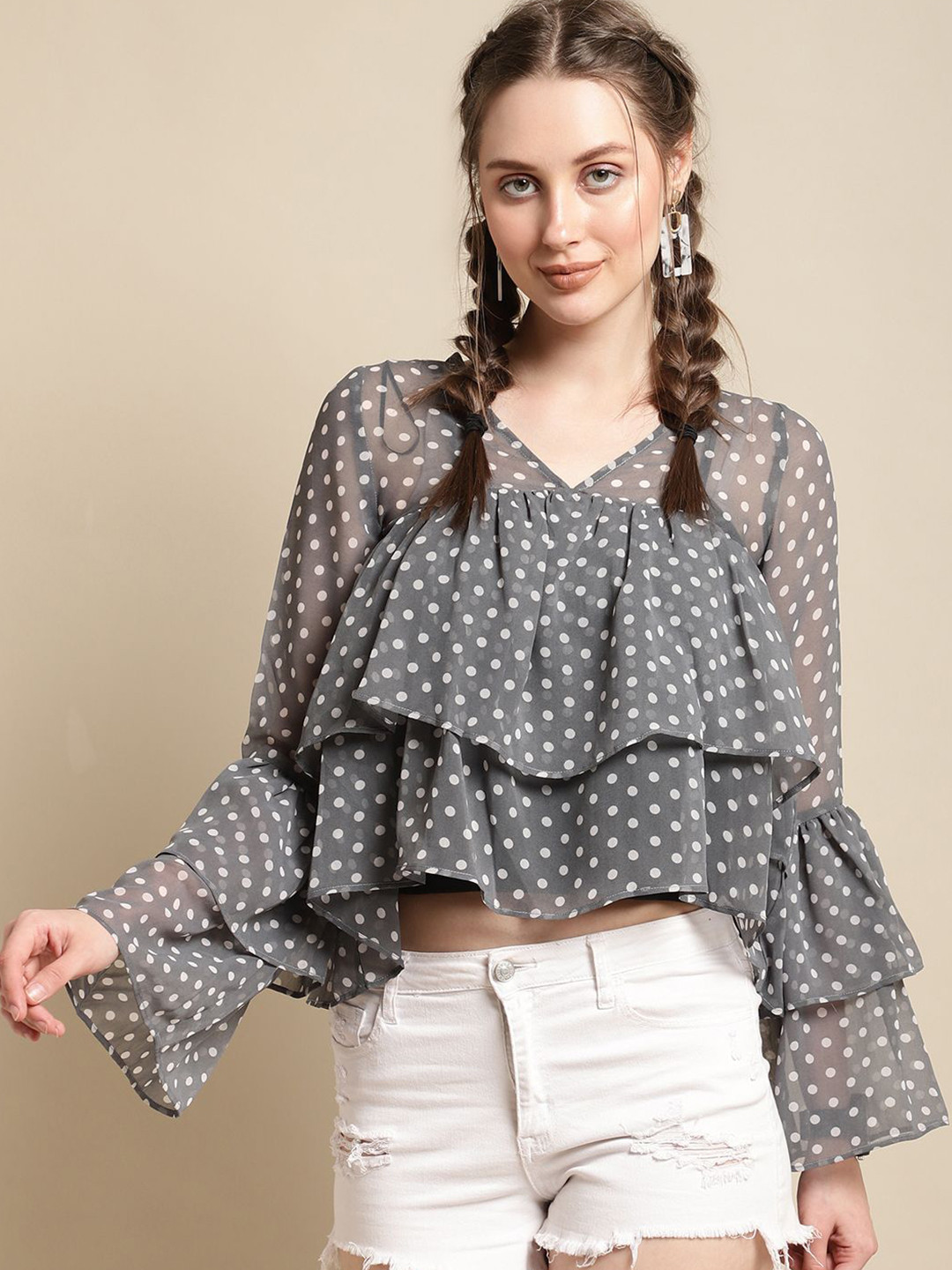 4WRD by Dressberry Polka Dot Printed Flared Sleeve V-Neck Top