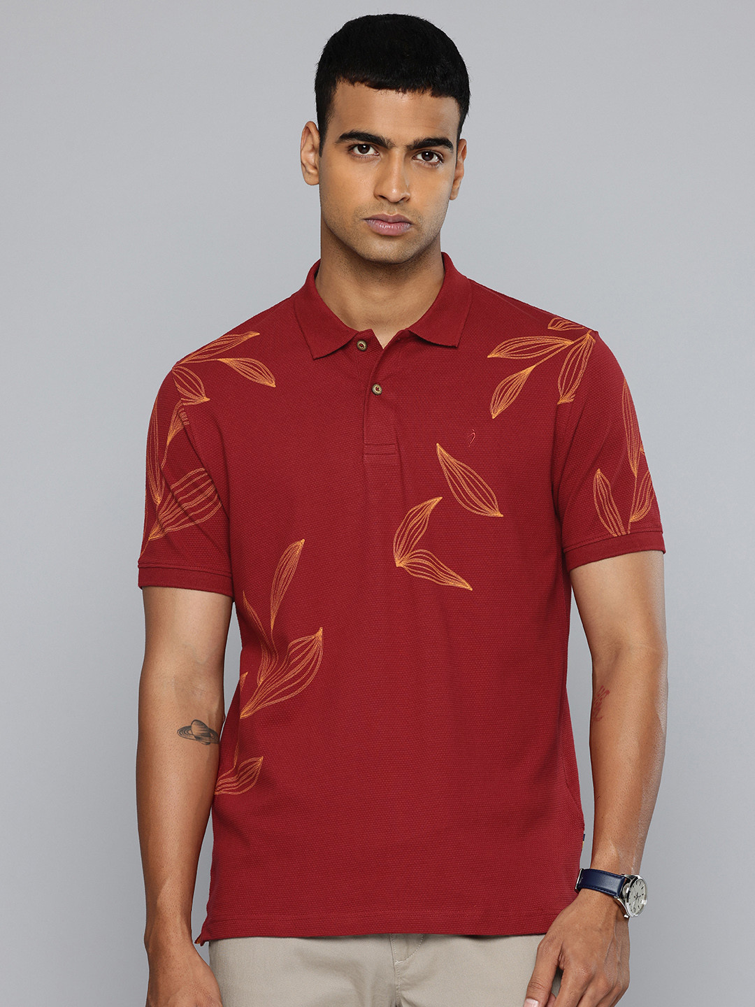Indian Terrain Tropical Printed Pop Corn Weave Polo Collar T-shirt