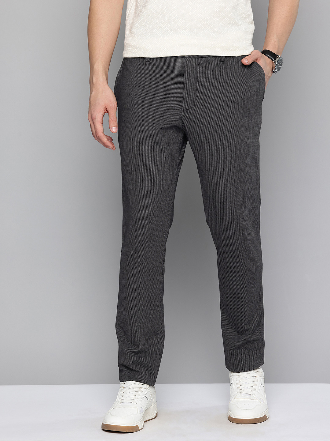 Indian Terrain Men Urban Comfort Fit Self Design Textured Casual Trousers