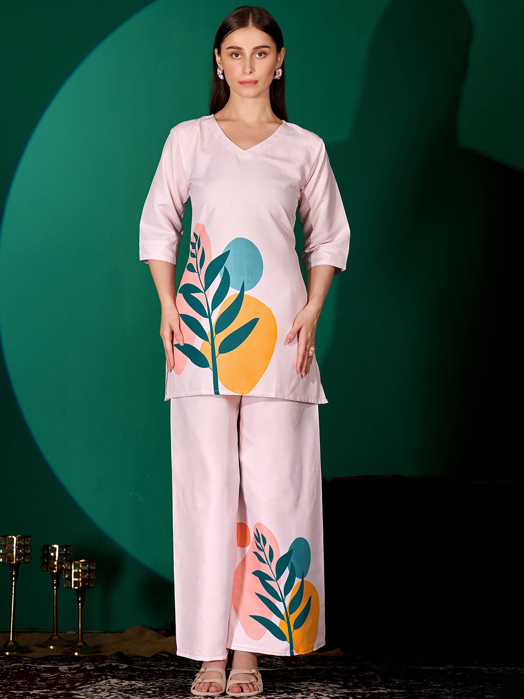 BAPS Women Printed V-Neck Top and Trousers Co-Ords