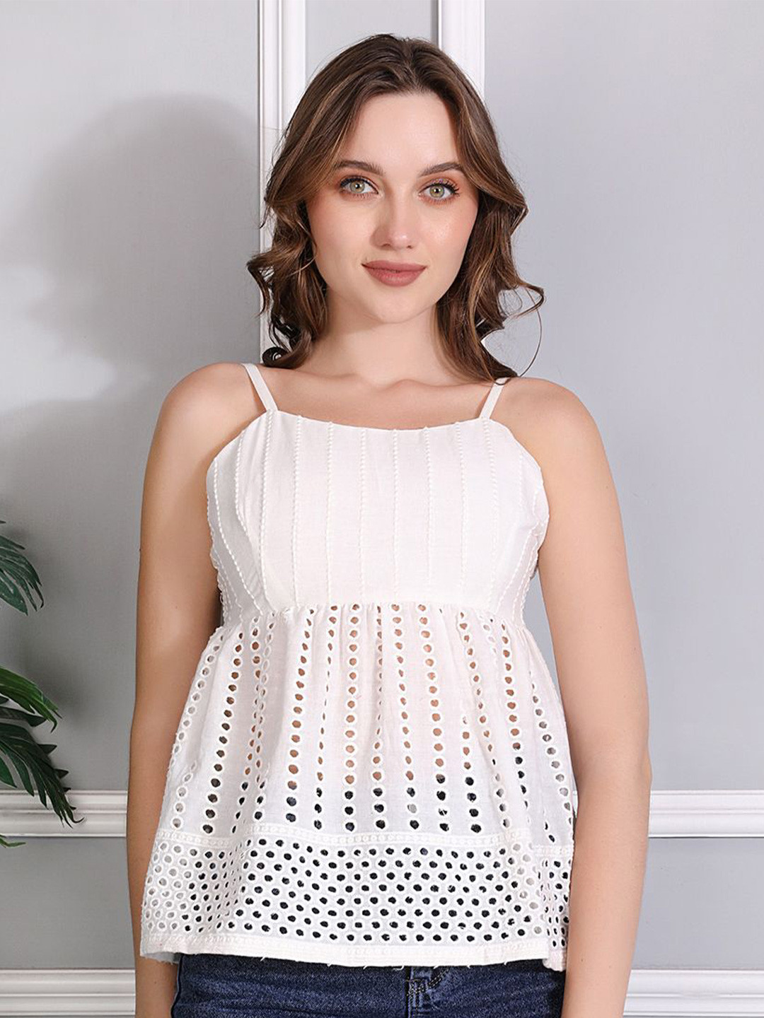 KALAMIR Pearls Whimsy Self Design Shoulder Straps Cotton Peplum Top
