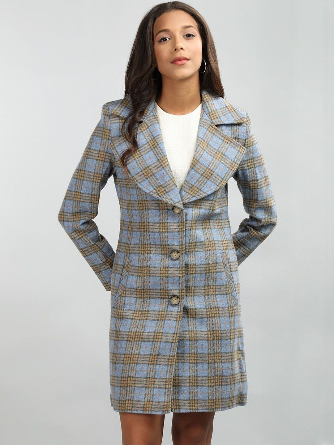 Roadster Women Blue Checked Polyester Regular Fit Trench Coat