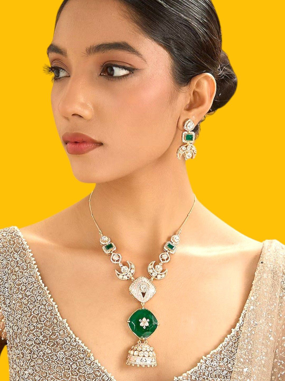 AURAA TRENDS Gold-Plated Kundan Stone Studded Jhumka Pendant Jewellery Set
