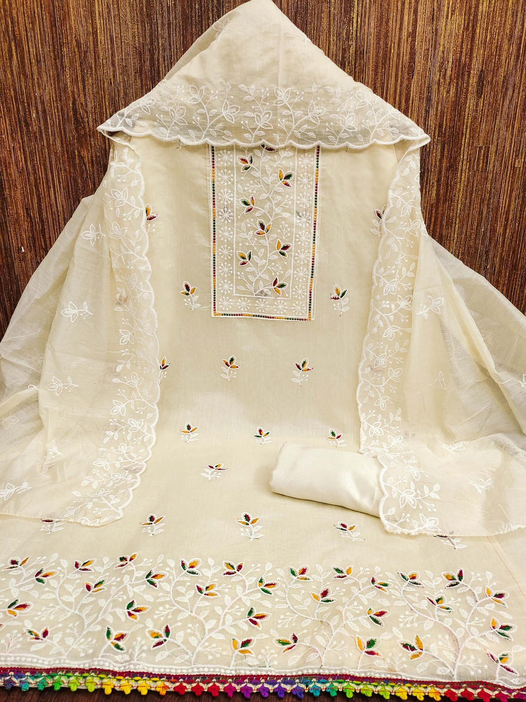 KALINI Women White Chanderi Cotton Embroidered Unstitched Dress Material with Dupatta
