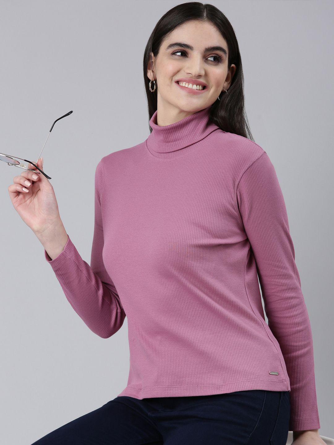TWIN BIRDS Ribbed Turtle Neck Full-Sleeve Cotton T-Shirt