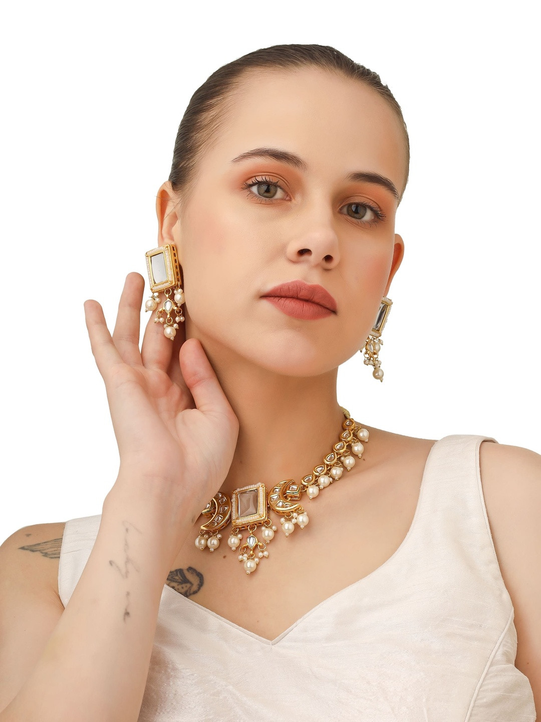 FINE KRAFT Women Gold Plated Kundan Studded Necklace & Earrings