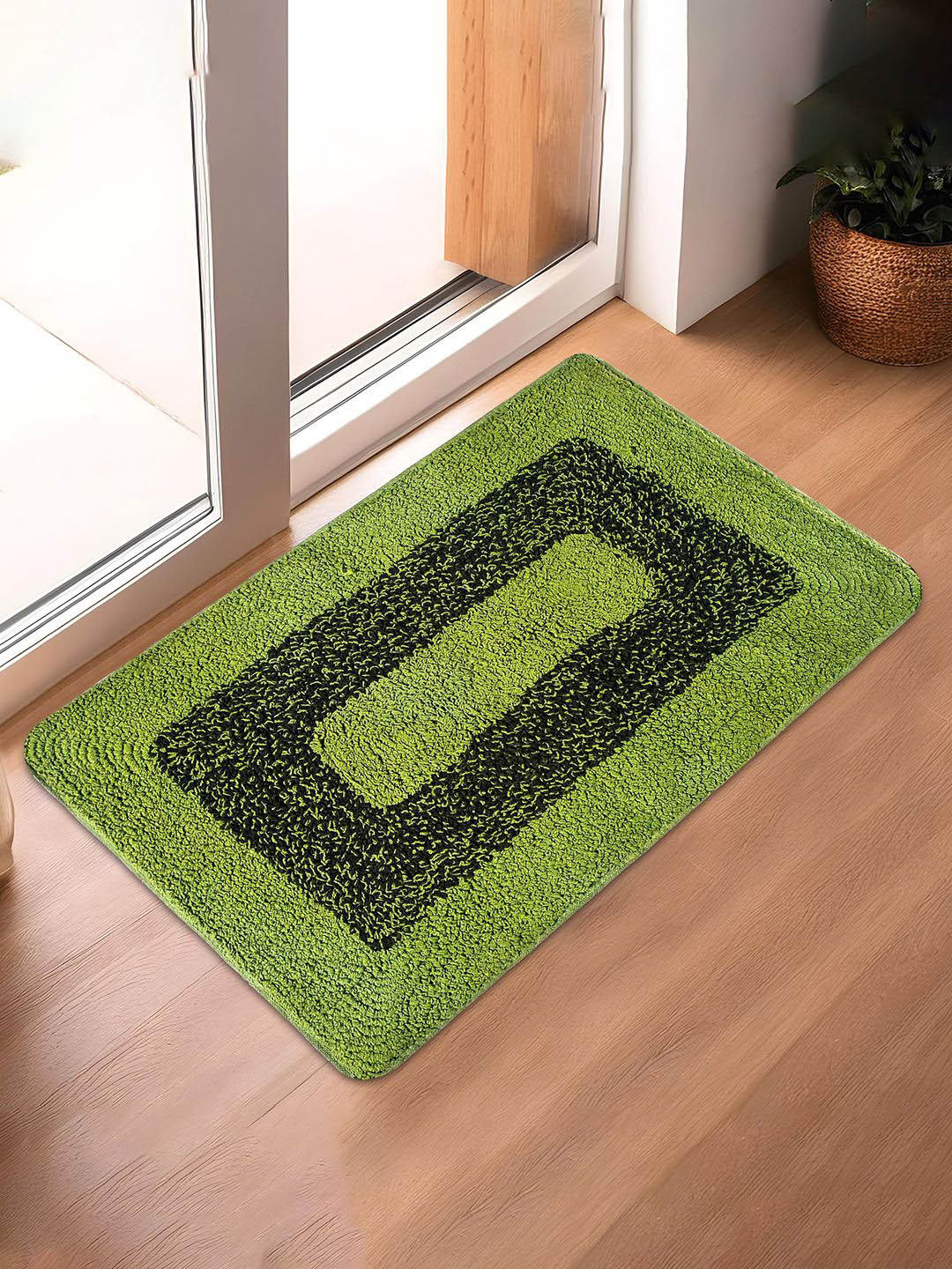 Kuber Industries Green Square Design Cotton Anti-Skid & Water Absorbent Doormat