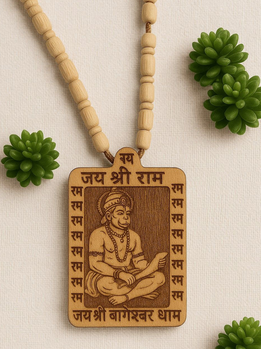 Just Devotional Men Spiritual Wooden Hanuman Ram Bageshwar Dham Necklace