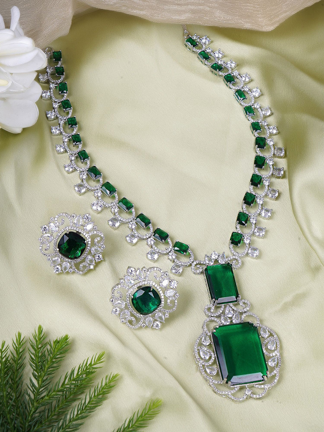 Adwitiya Collection Rhodium-Plated American Diamond & Emerald Stone Studded Jewellery Set