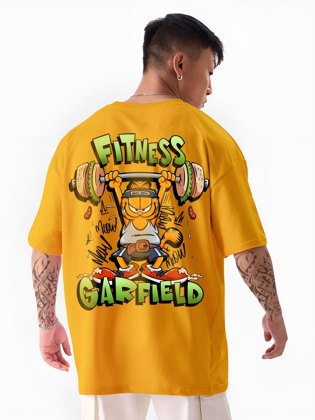 ANGERHOOD Graphic Garfield Printed Drop-Shoulder Sleeves Oversized Cotton T-shirt