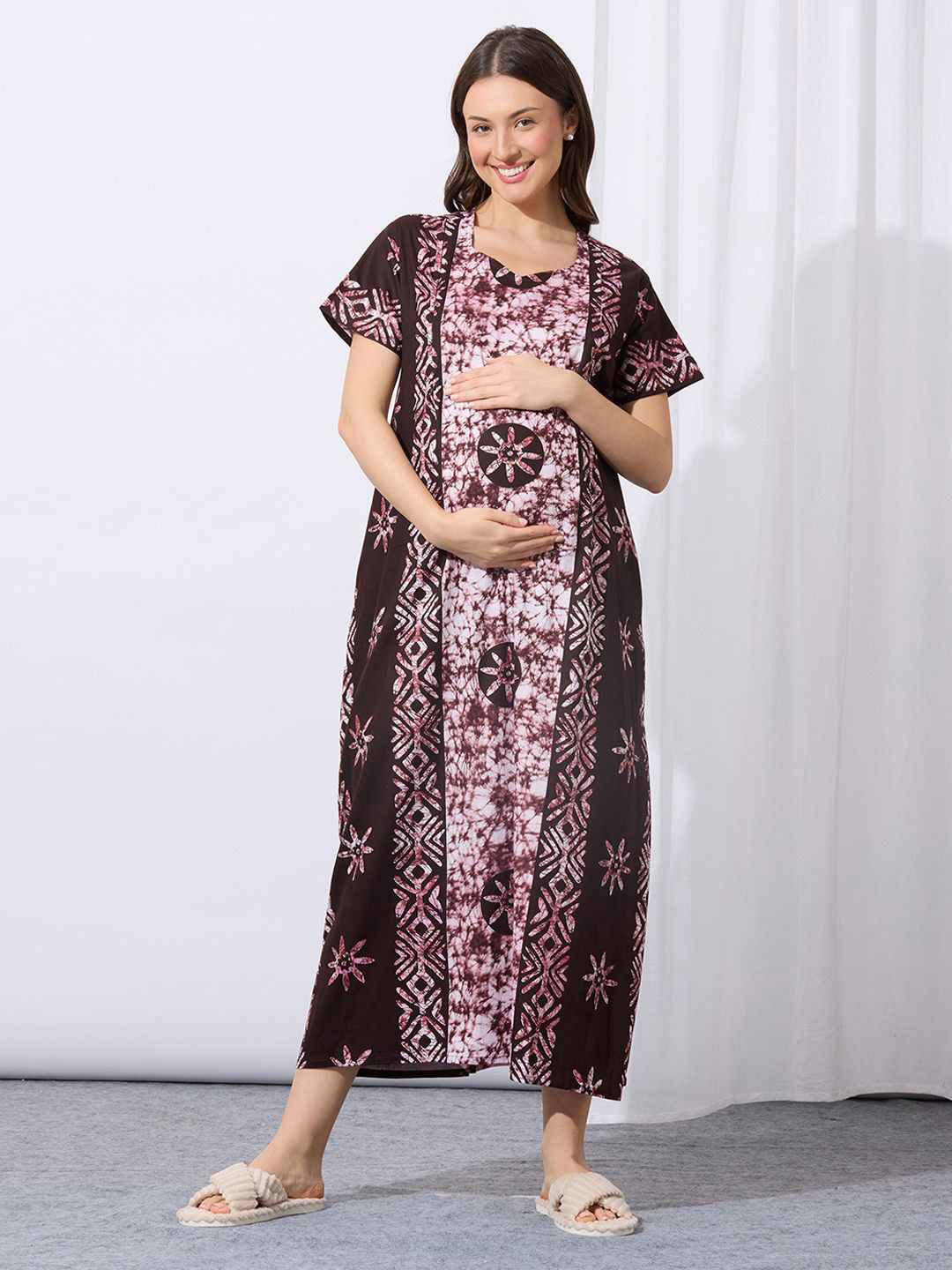 MomToBe Women Coffee Brown Cotton Feeding Nighty