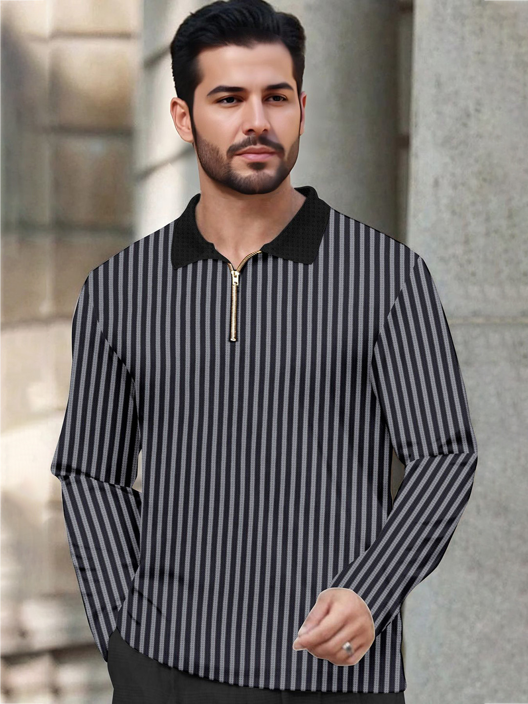 HAPPY KHAJANA Striped Polo Collar Long Sleeves T-shirt