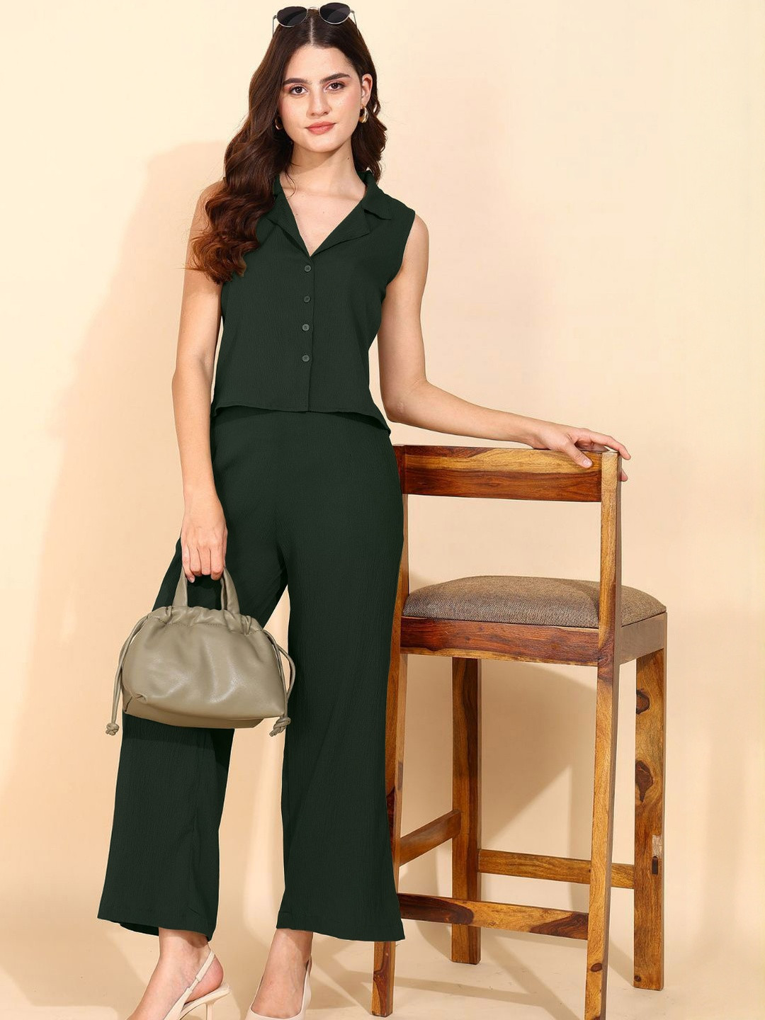 Stem Rope Women V-Neck Green Co-Ord Set