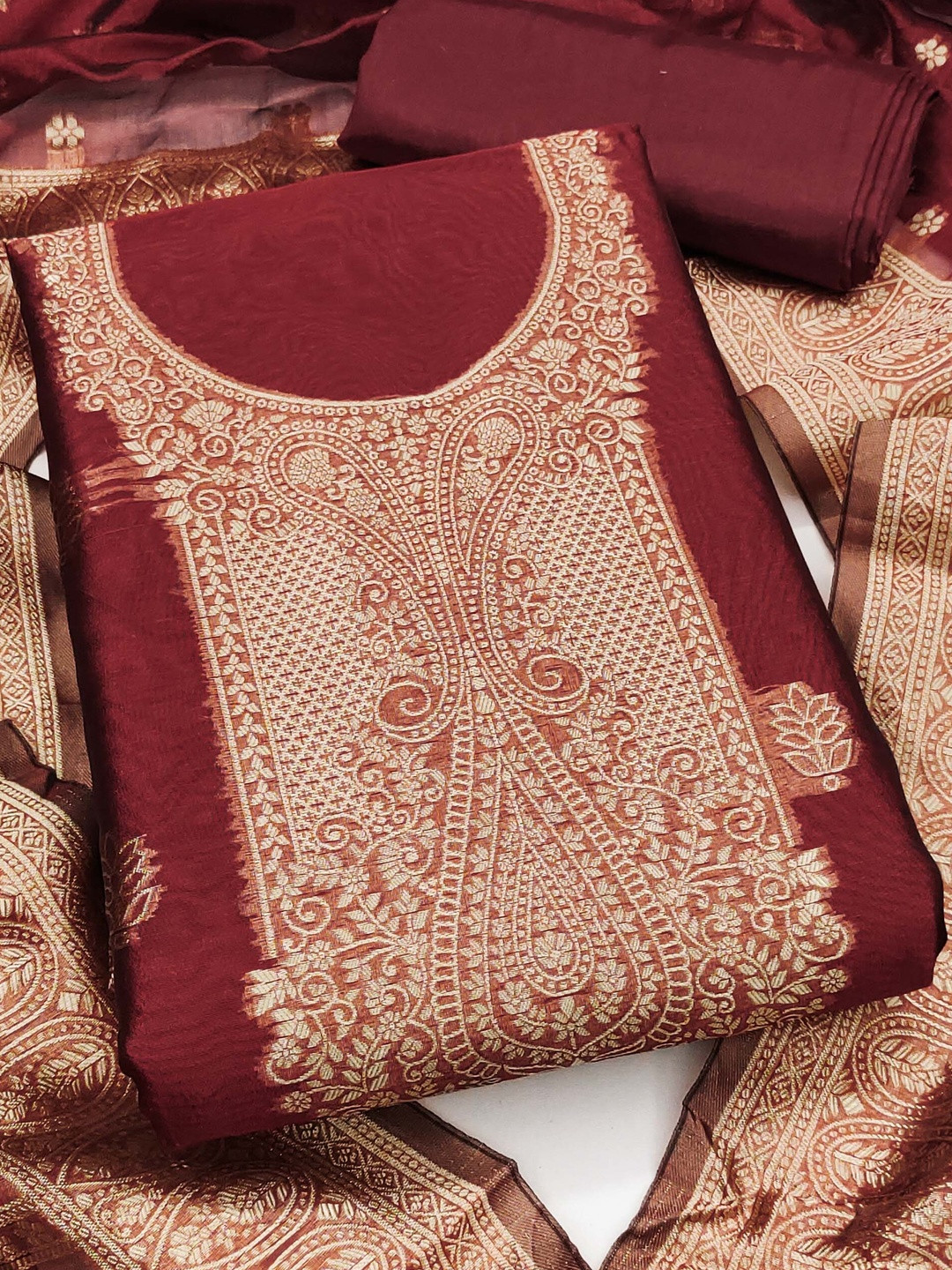 KALINI Women Maroon Simmer Silk Woven Unstitched Dress Material with Dupatta