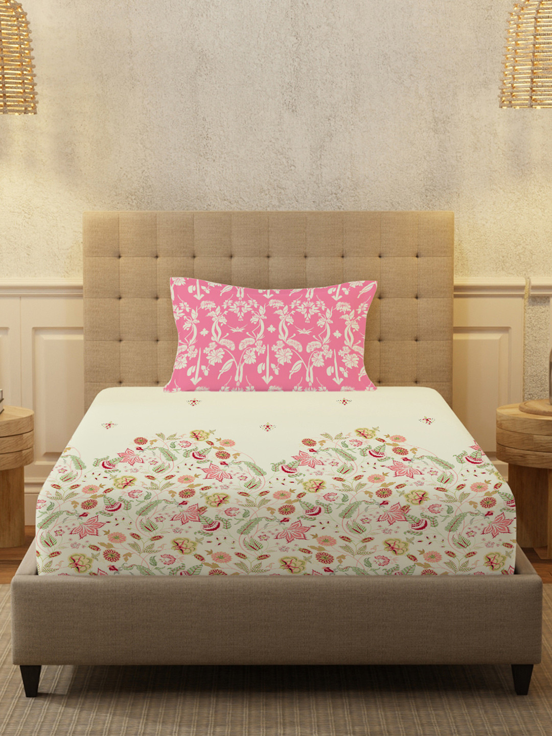 URBAN SPACE Peach Floral Single Bedsheet With 1 Pillow Cover