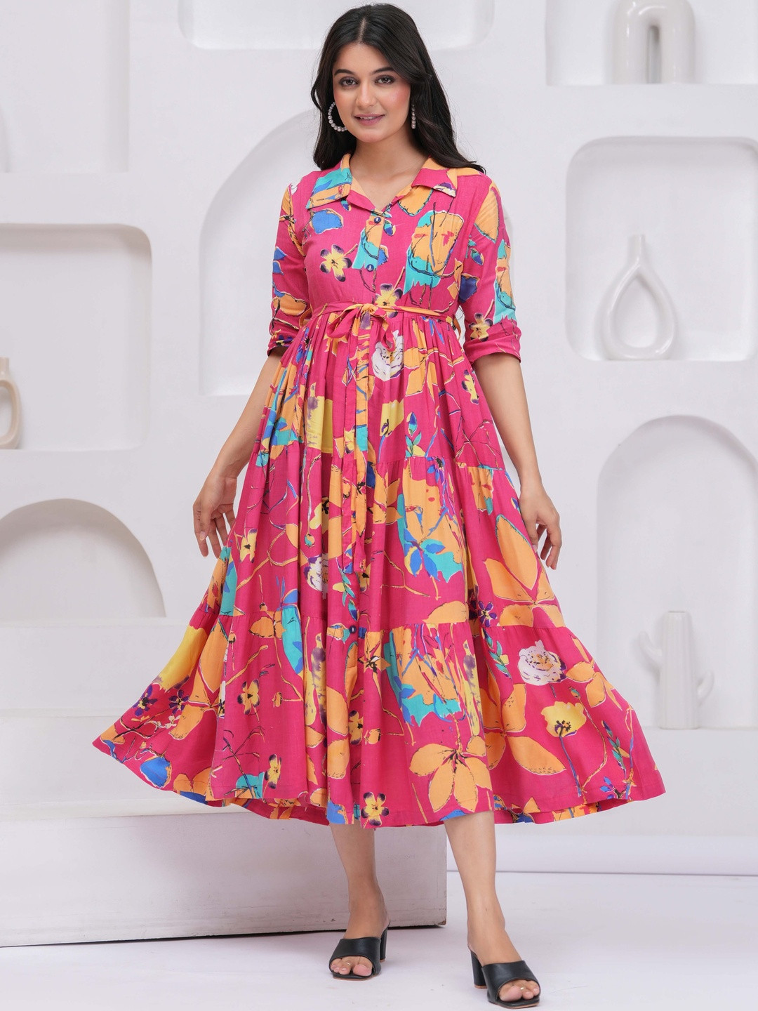 KALINI Women Pink Viscose Rayon Shirt Collar Fit & Flare Short Dress Comes With A Belt