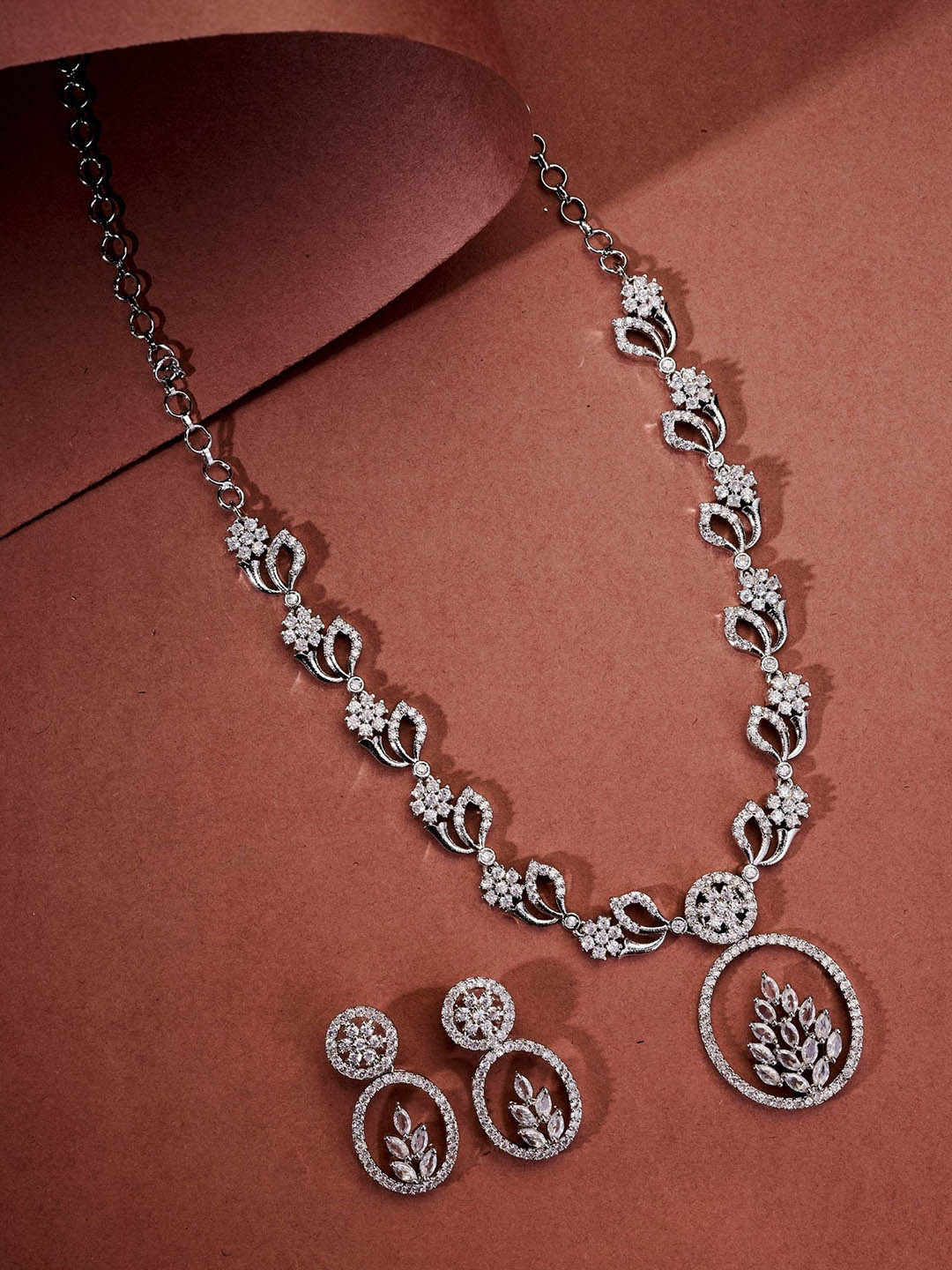 Opal Touch Women Leaflet Motif Rhodium Plated Necklace Set