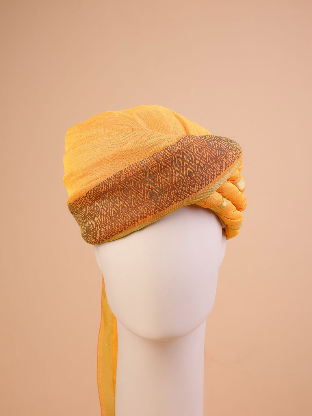 Tasva Geometric Printed Pure Cotton Ochre Safa With Front Panel