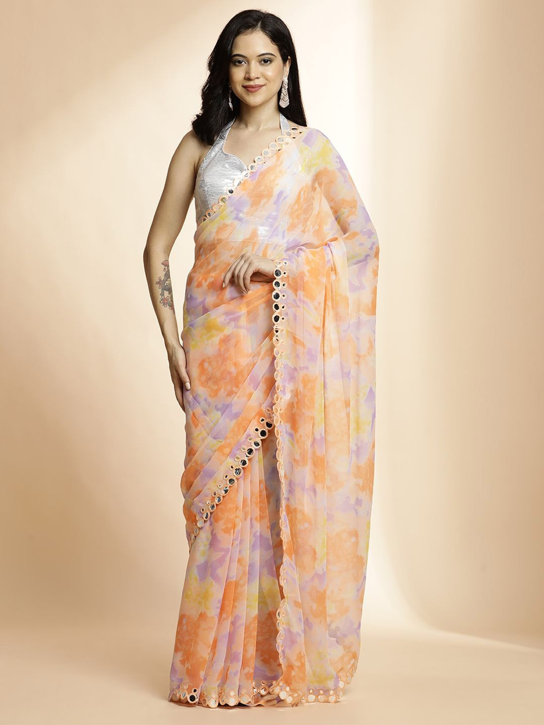 Desi Fusion Tie and Dye Dyed Embellished Mirror Work Pure Georgette Saree