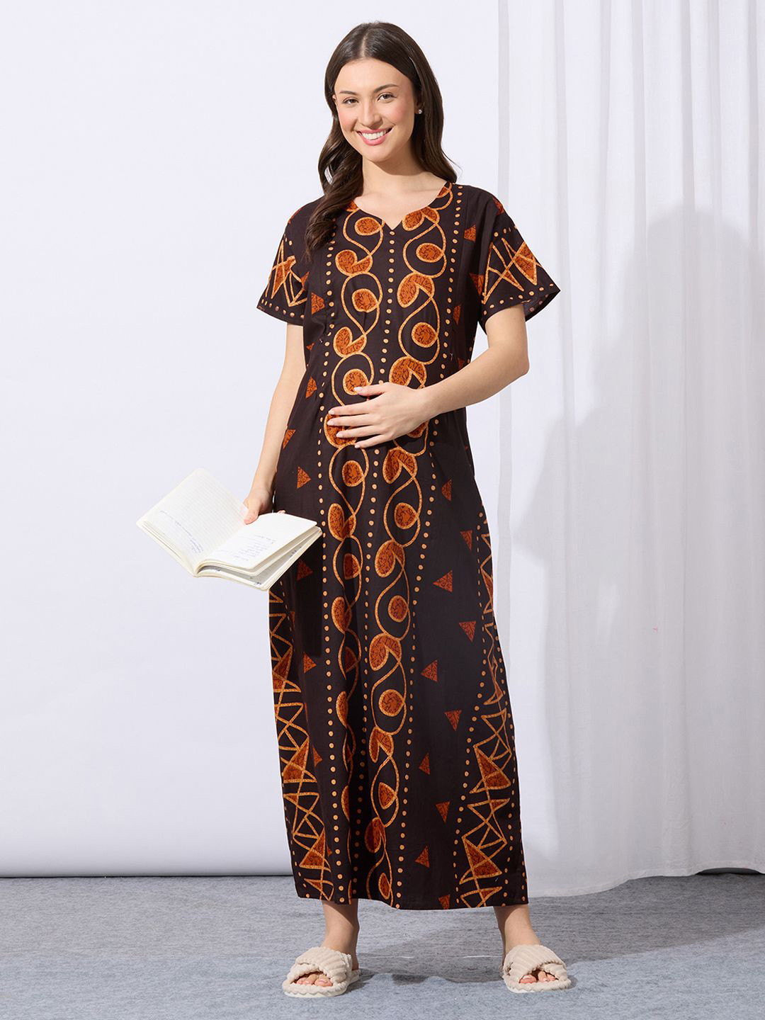 MomToBe Women Printed Maternity Maxi Cotton Nightdress