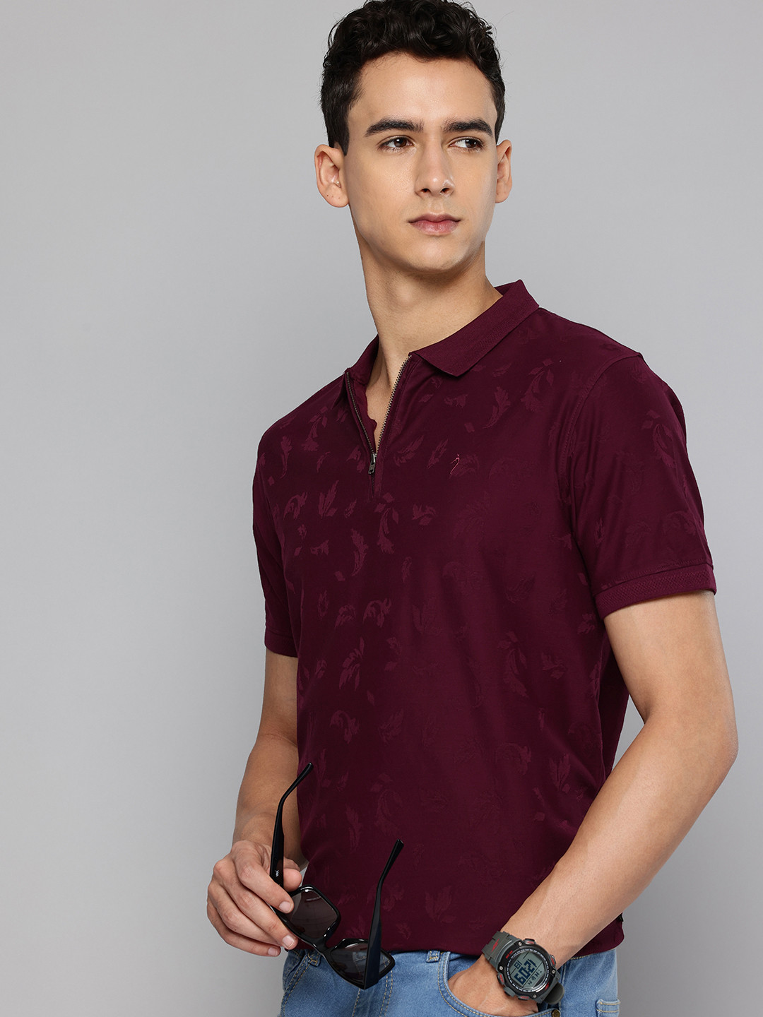 Indian Terrain Self Design Textured Polo Collar T-shirt