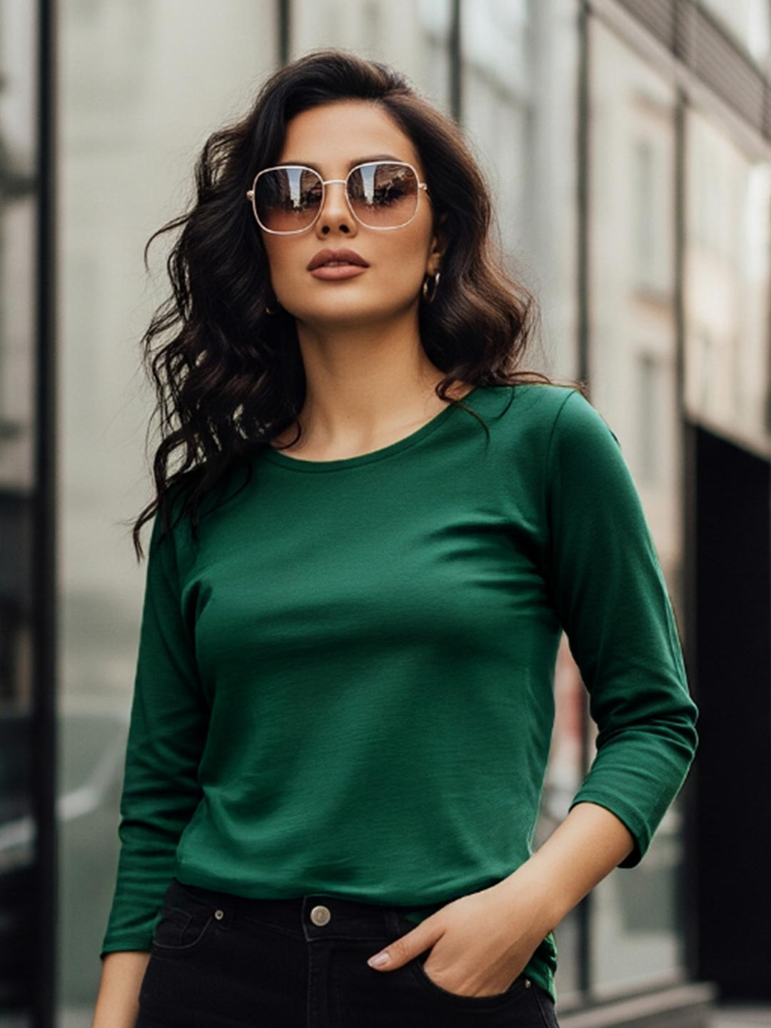 JUNEBERRY Women Green Solid Round Neck Regular Fit Pure Cotton Full Sleeve T-Shirt