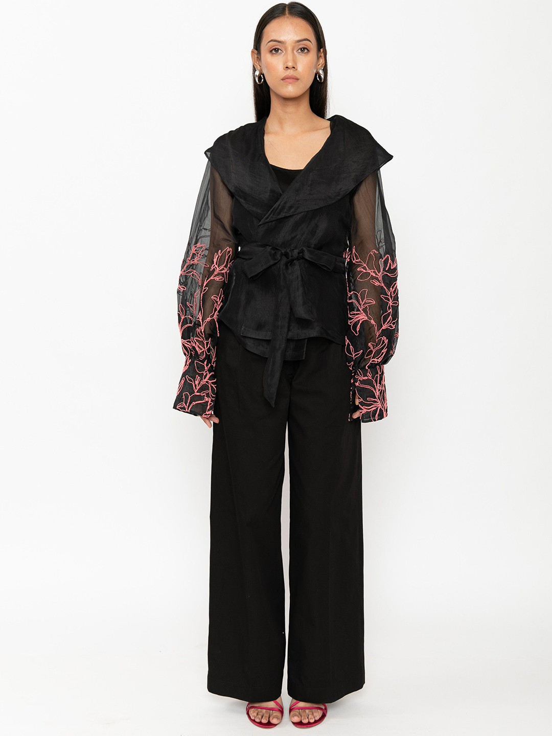 Contemponari Embroidered V-Neck Silk Organza Top