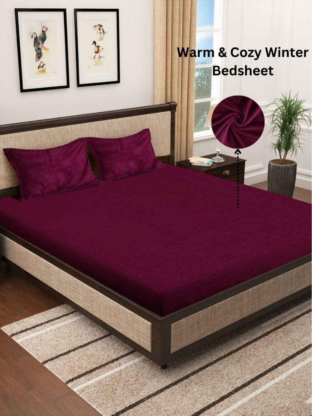 Aura Maroon Woollen 400 TC King Fine Warm Winter Bedsheet 2.35 m X 2.15 m