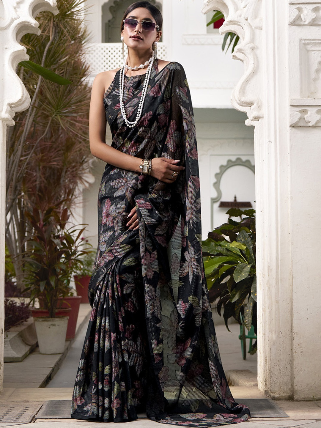 LOOKNBOOK ART Black Brasso Printed Sarees