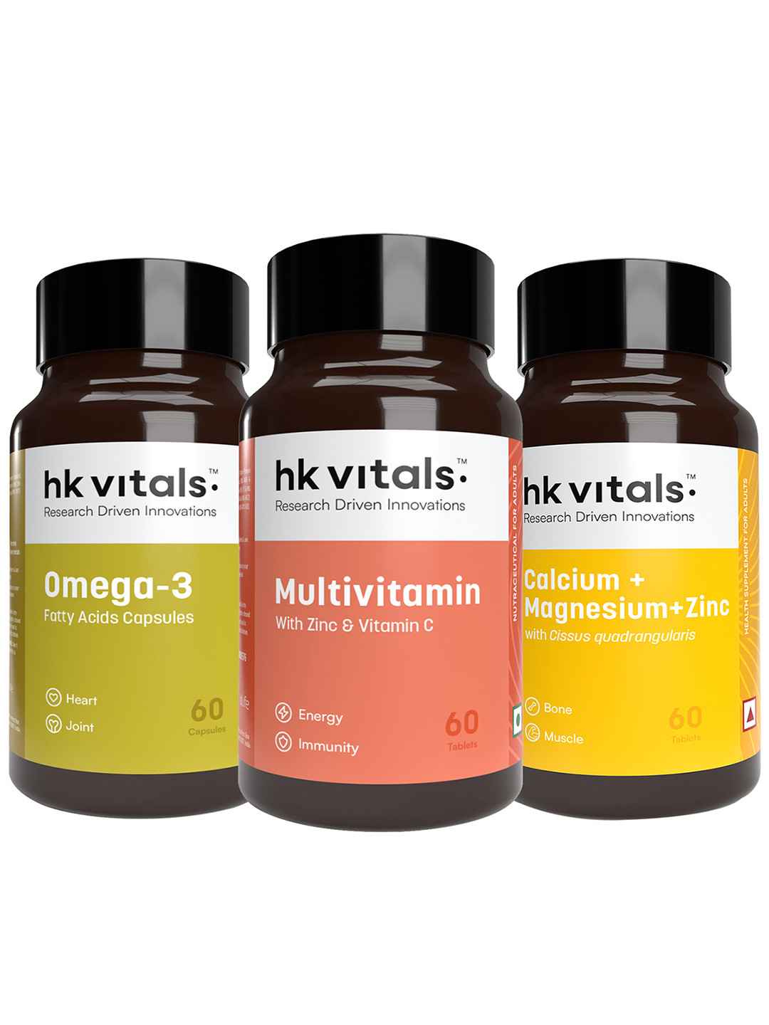 HK VITALS Set of Omega + Multivitamin + Calcium Capsules - 60 Capsules Each