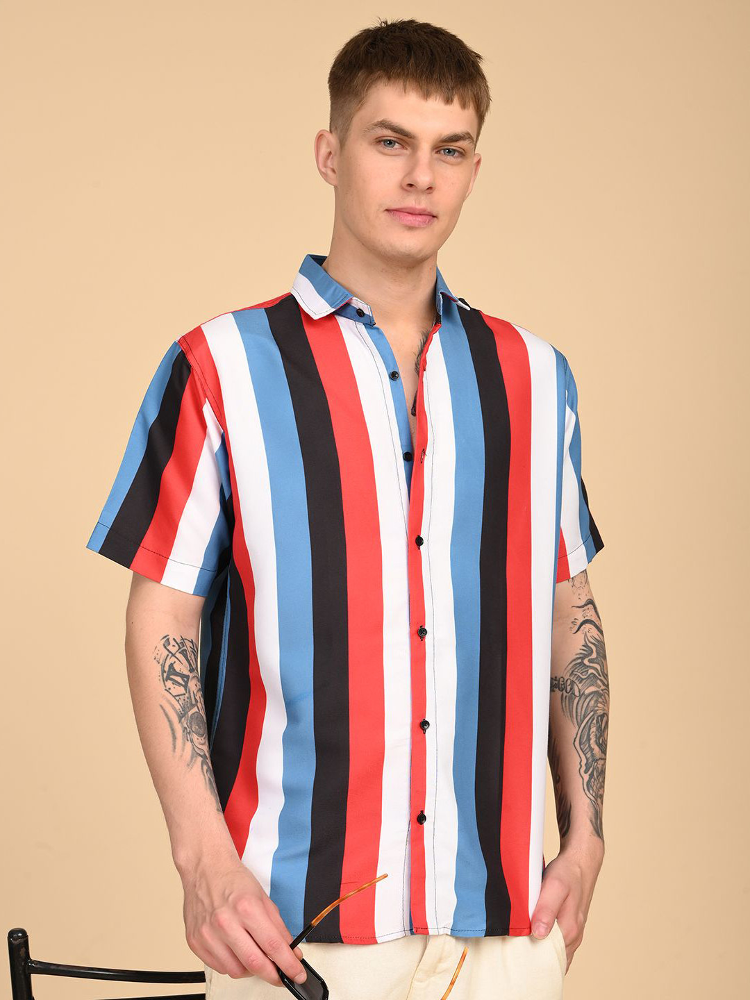 TIGER SNAKE Striped Spread Collar Regular Fit Shirt