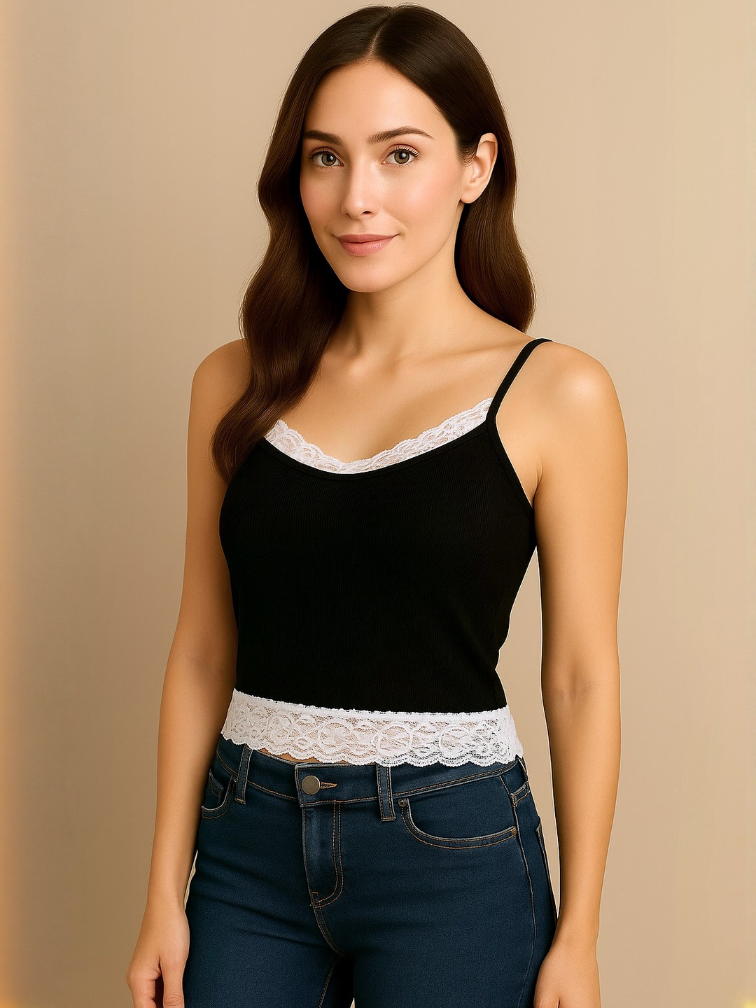 DressBerry Women Black & White Lace Ribbed Cotton Tank Crop Top