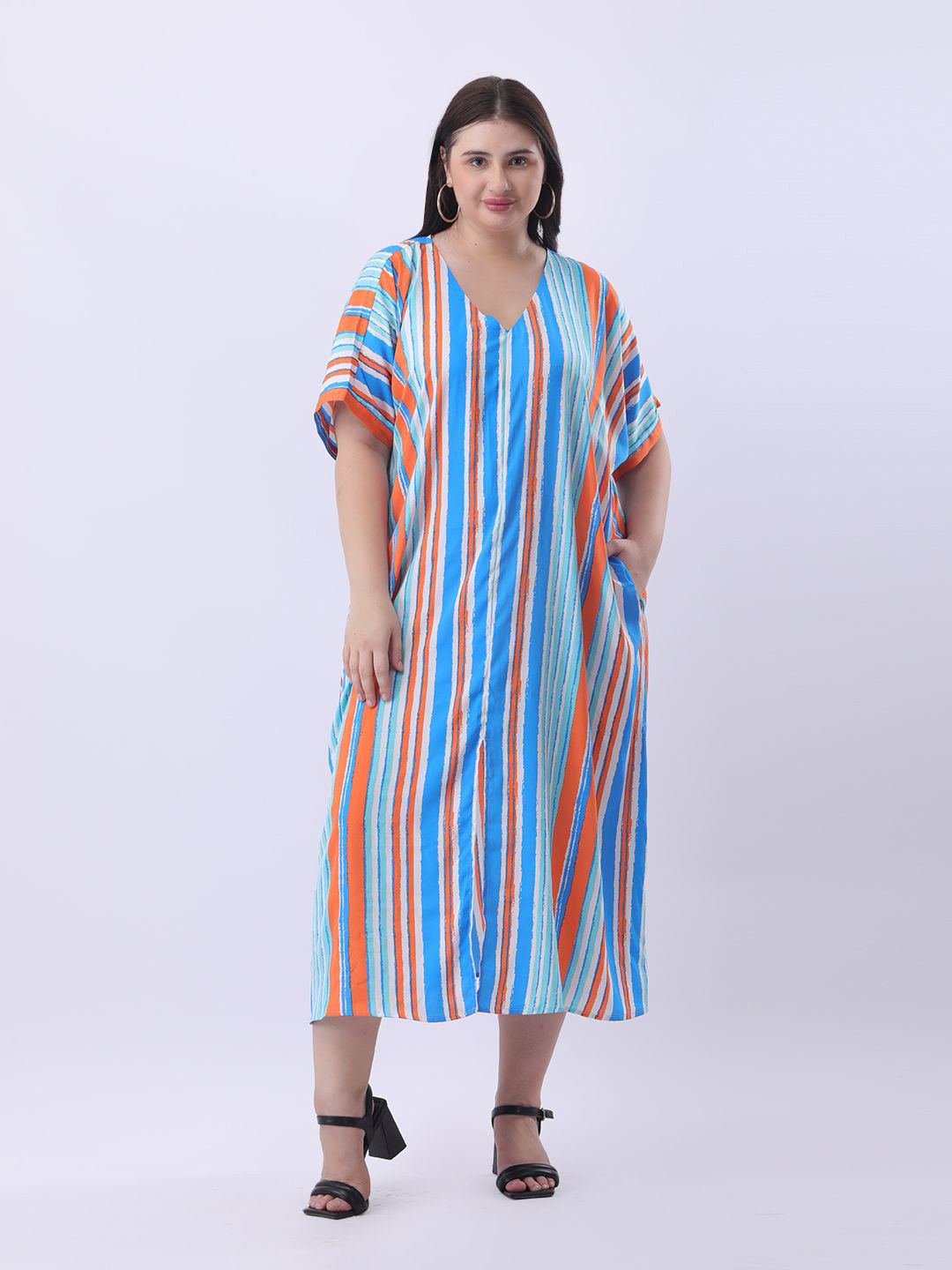 Qurvii Striped A-Line Midi Cotton Loos Fit Dress