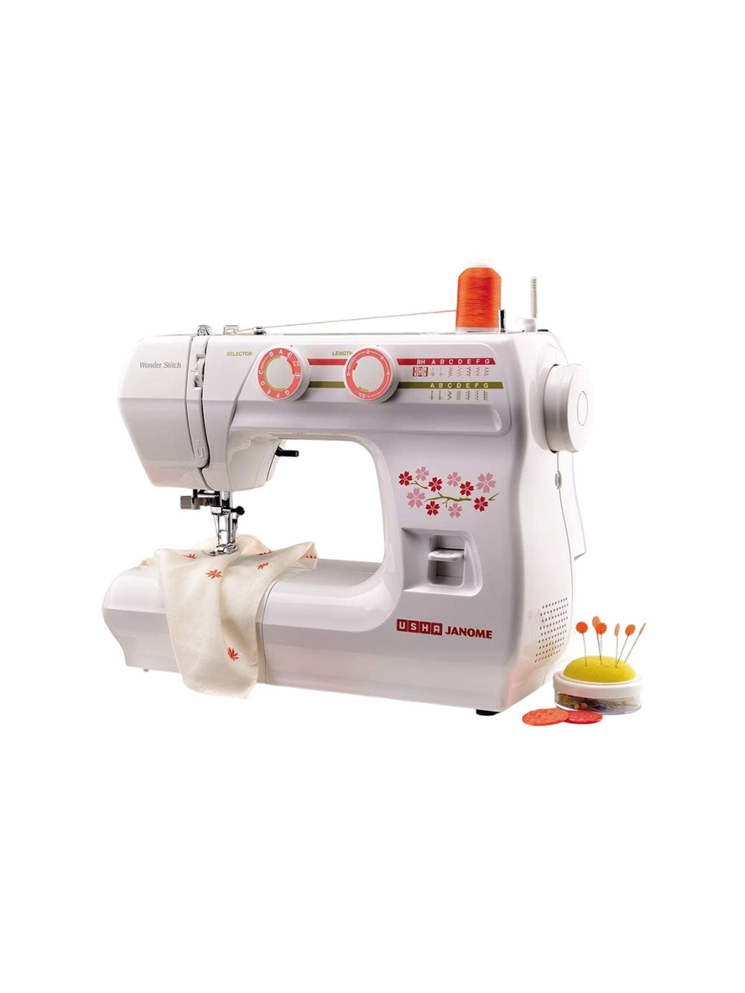 Usha White & Orange Janome Wonder Stitch Electric Sewing Machine With Hard Cover