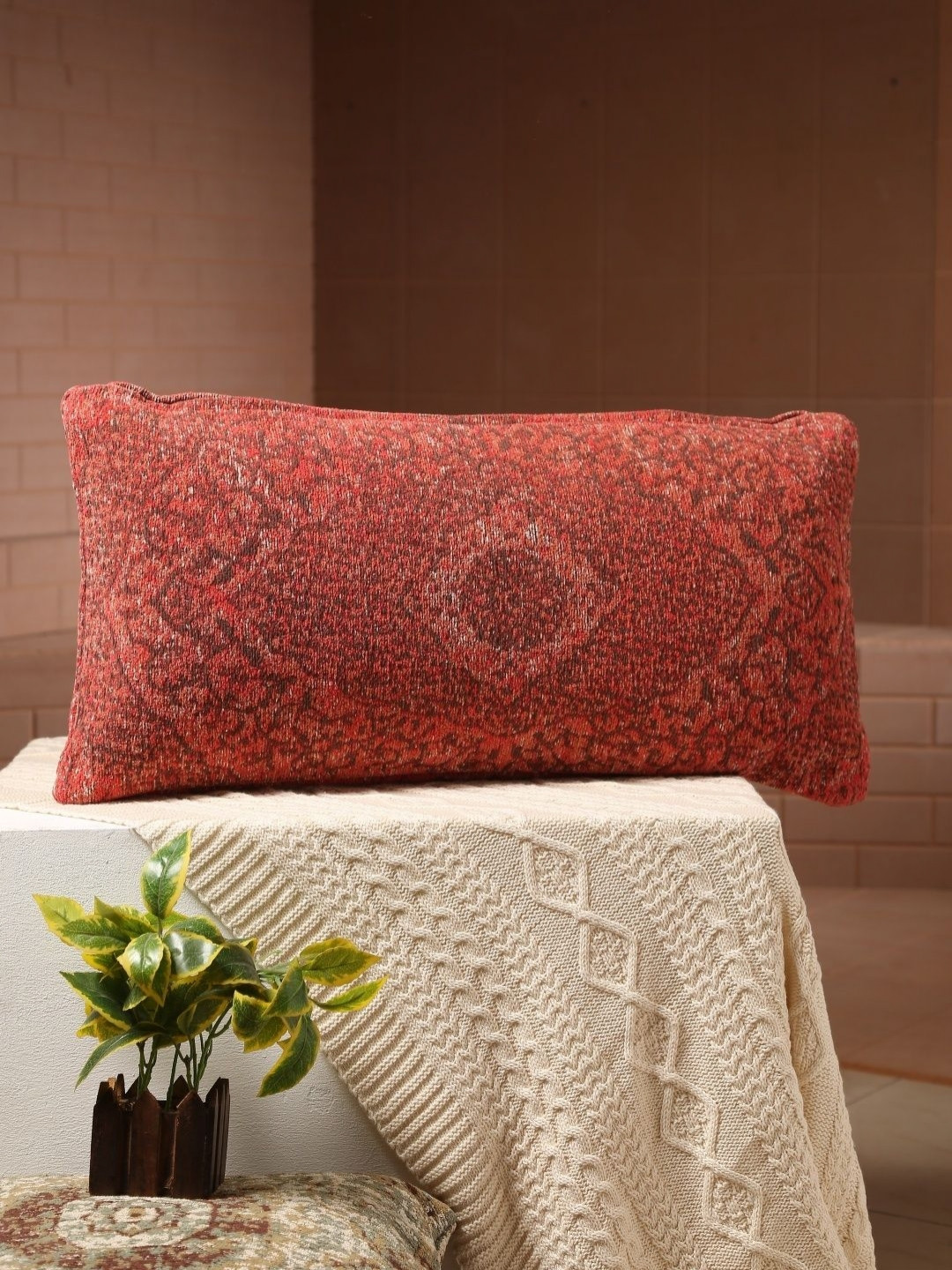 Revive Home Red & Brown Ethnic Motifs Printed Jacquard Rectangle Cushion Covers