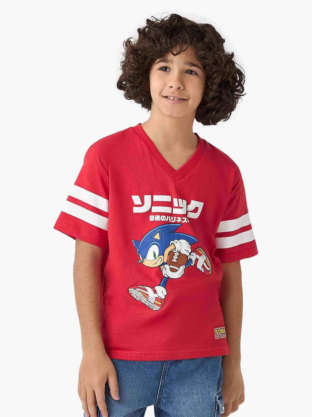 Juniors by Babyshop Boys Graphic Printed Sonic The Hedgehog  V-Neck Cotton T-shirt