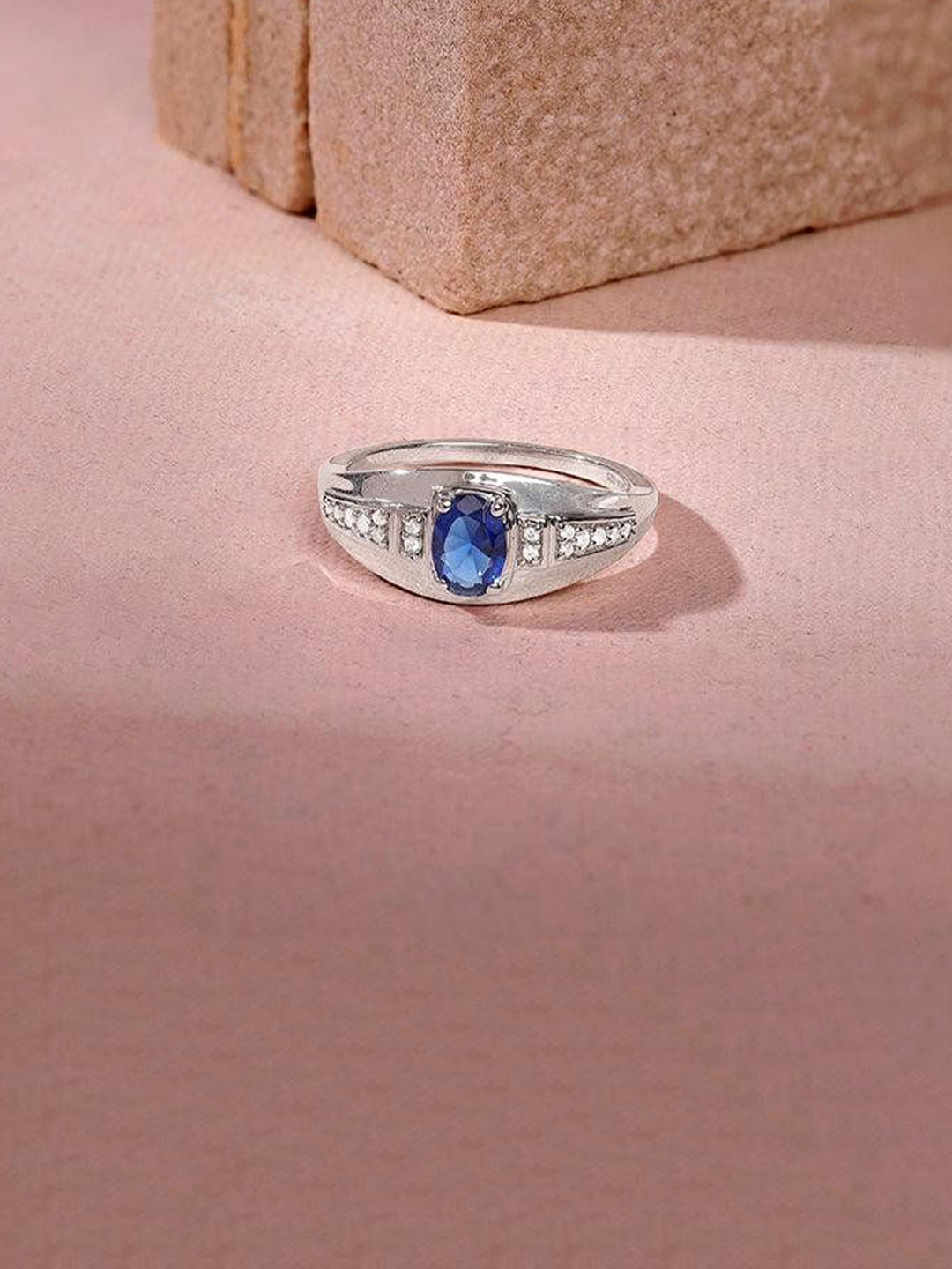 GIVA Men 925 Silver Rhodium-Plated Zircon Studded Sapphire Azure Sentinel Finger Ring