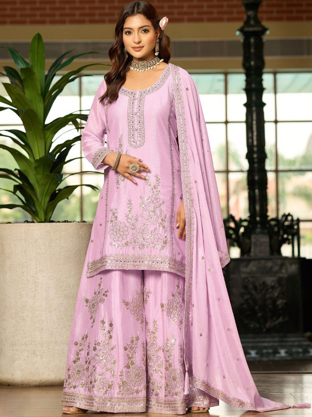 AUTUMN LANE Tasuvre Floral Embroidered Round Neck Thread Work Kurta With Sharara & Dupatta