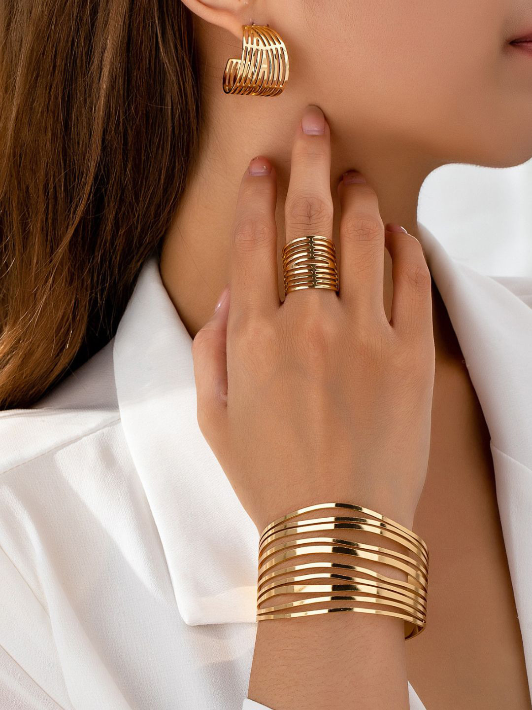 OOMPH Cuff Bracelet Earrings & Finger Ring Jewellery Set
