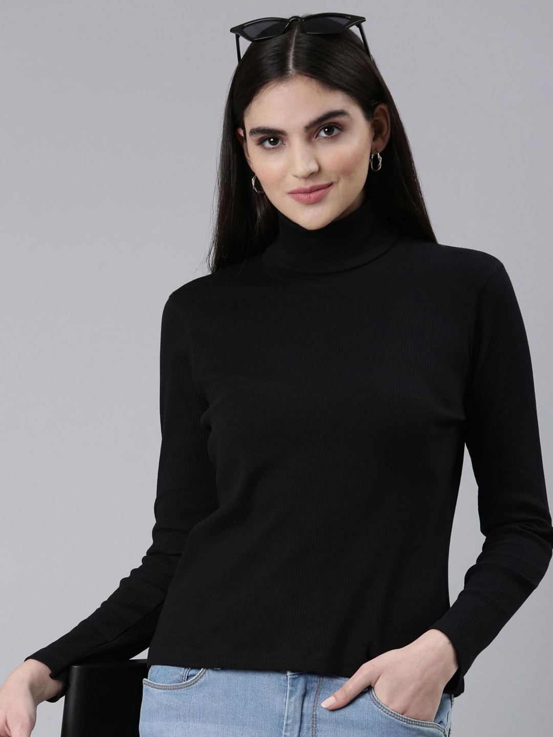 TWIN BIRDS Ribbed Turtle Neck Full-Sleeve Cotton T-Shirt