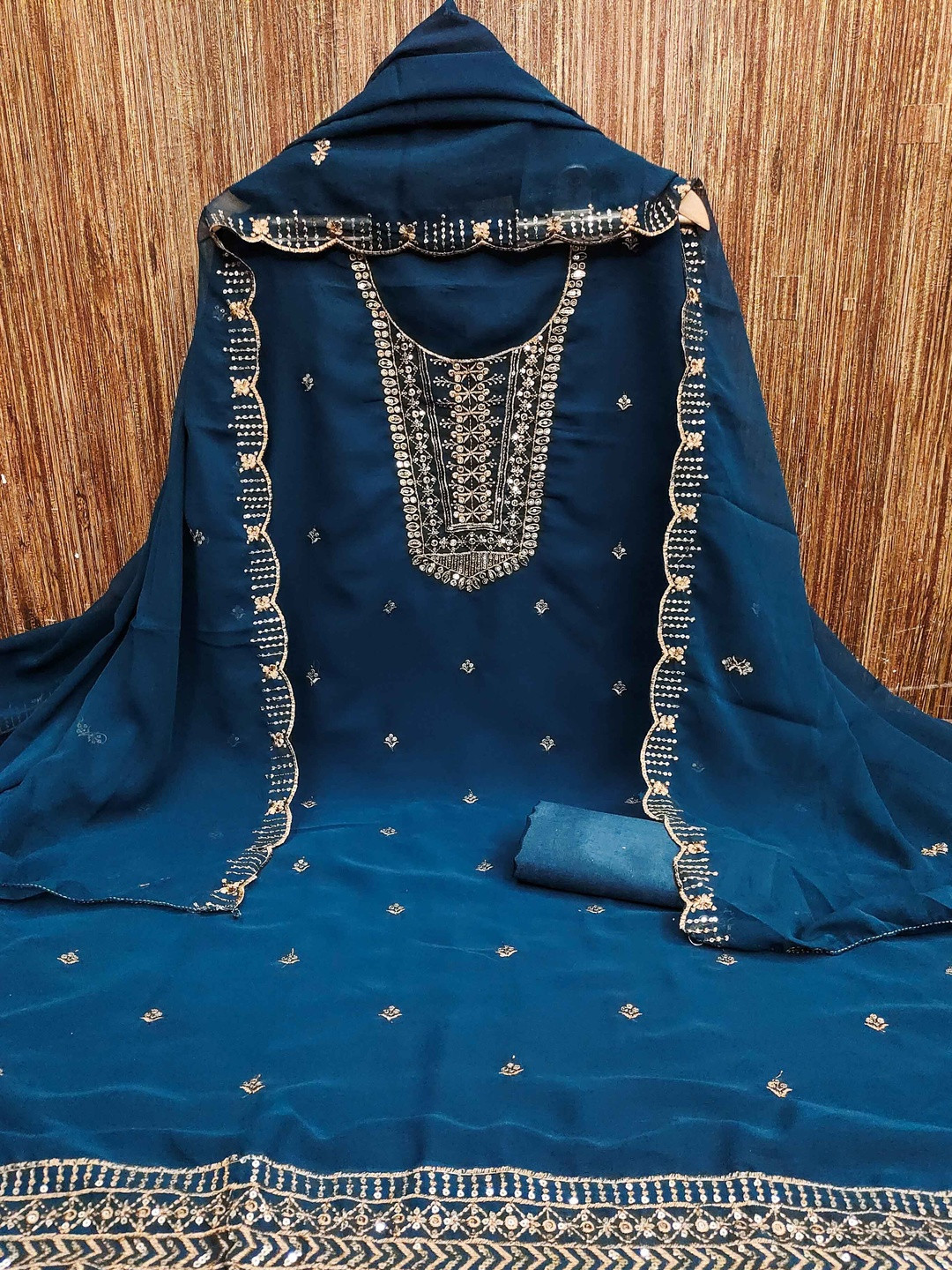 KALINI Teal Blue Georgette Sequin Embellished Unstitched Dress Material With Dupatta