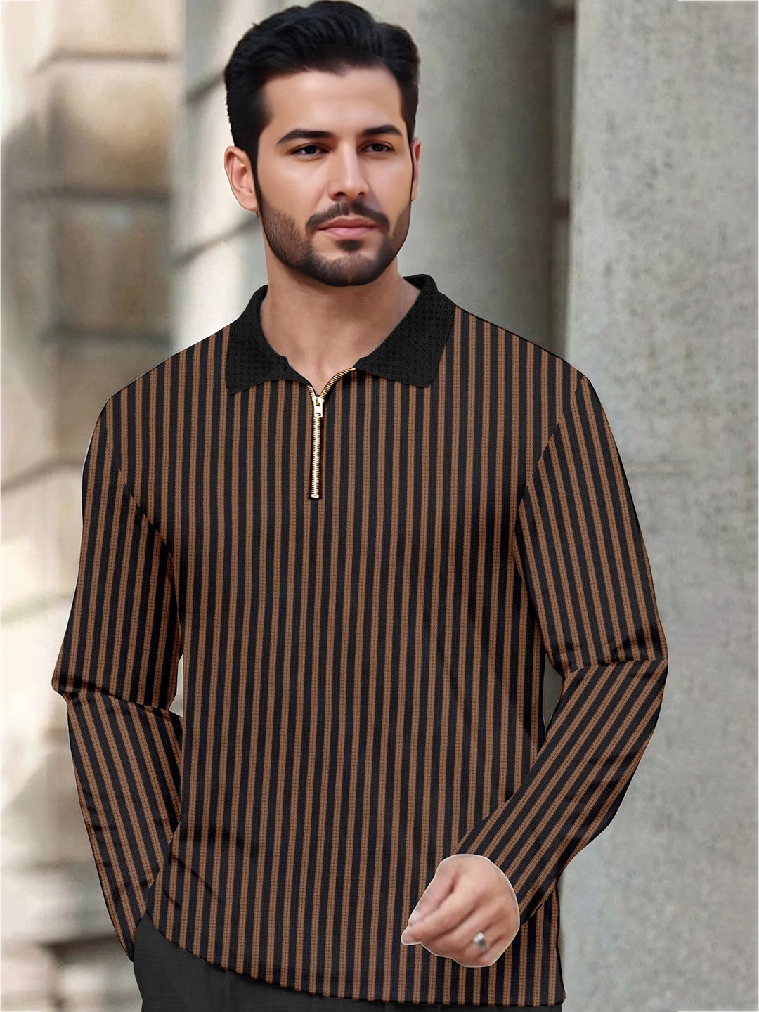 HAPPY KHAJANA Striped Polo Collar Long Sleeves T-shirt