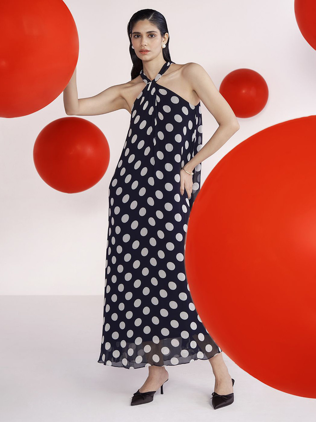 AND Polka Dot Printed Strapless Maxi Dress