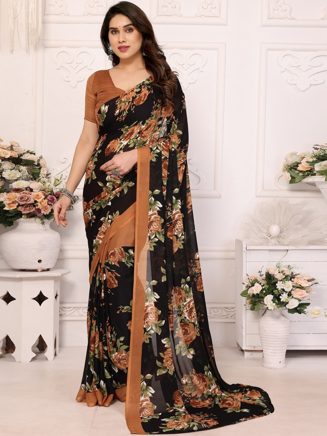 KALINI Brown Poly Georgette Printed Sarees